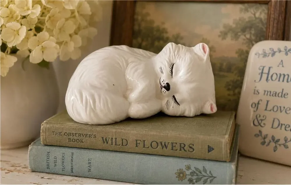 Vintage White Ceramic Sleeping Persian Cat Figurine Cottagecore Kitsch Decor